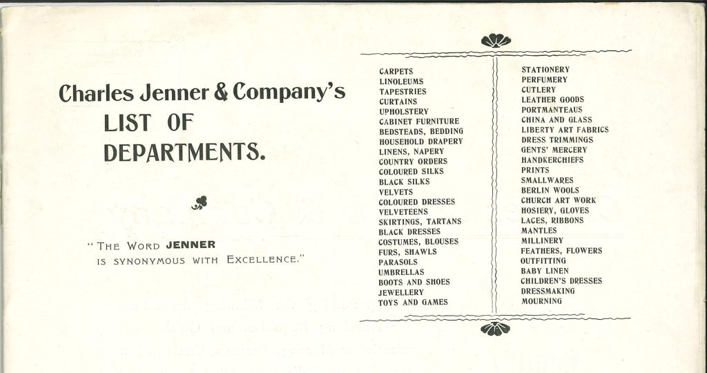 Liste des départements Jenners dans un catalogue vintage.  Le texte désinvolte typique de l'époque répertorie les départements en deux colonnes, allant des «rideaux» et «velours» aux «imprimés» et «équipement».