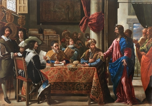 Une peinture d'un groupe d'hommes assis à une table dans des robes aux couleurs vives se penchant pour parler à la figure debout de Matthieu sur la droite.